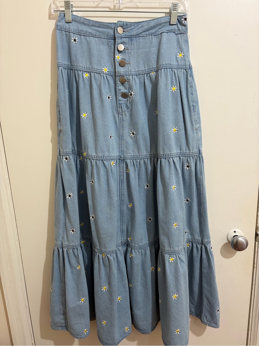 Light Blue Embroidered Daisy Tiered Denim Maxi Skirt